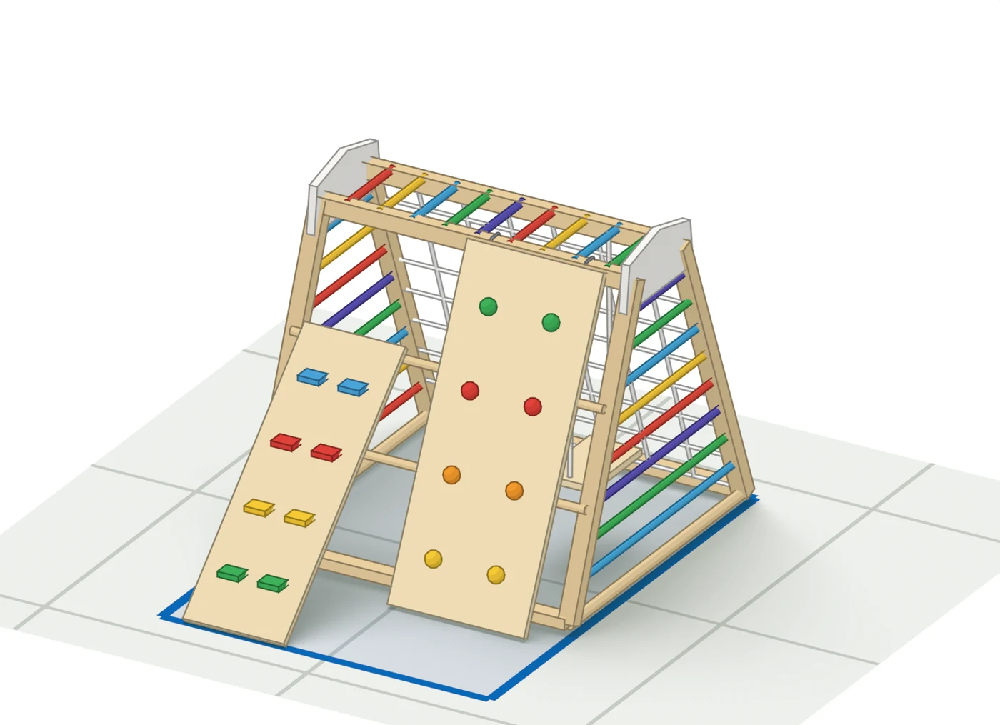 Costway 8 in 1 aufgeklappt auf einem Ein-Meter-Raster: Kletterdreieck mit Rampe und Kletterwand, Stellfläche 119 × 115 Zentimeter blau markiert.