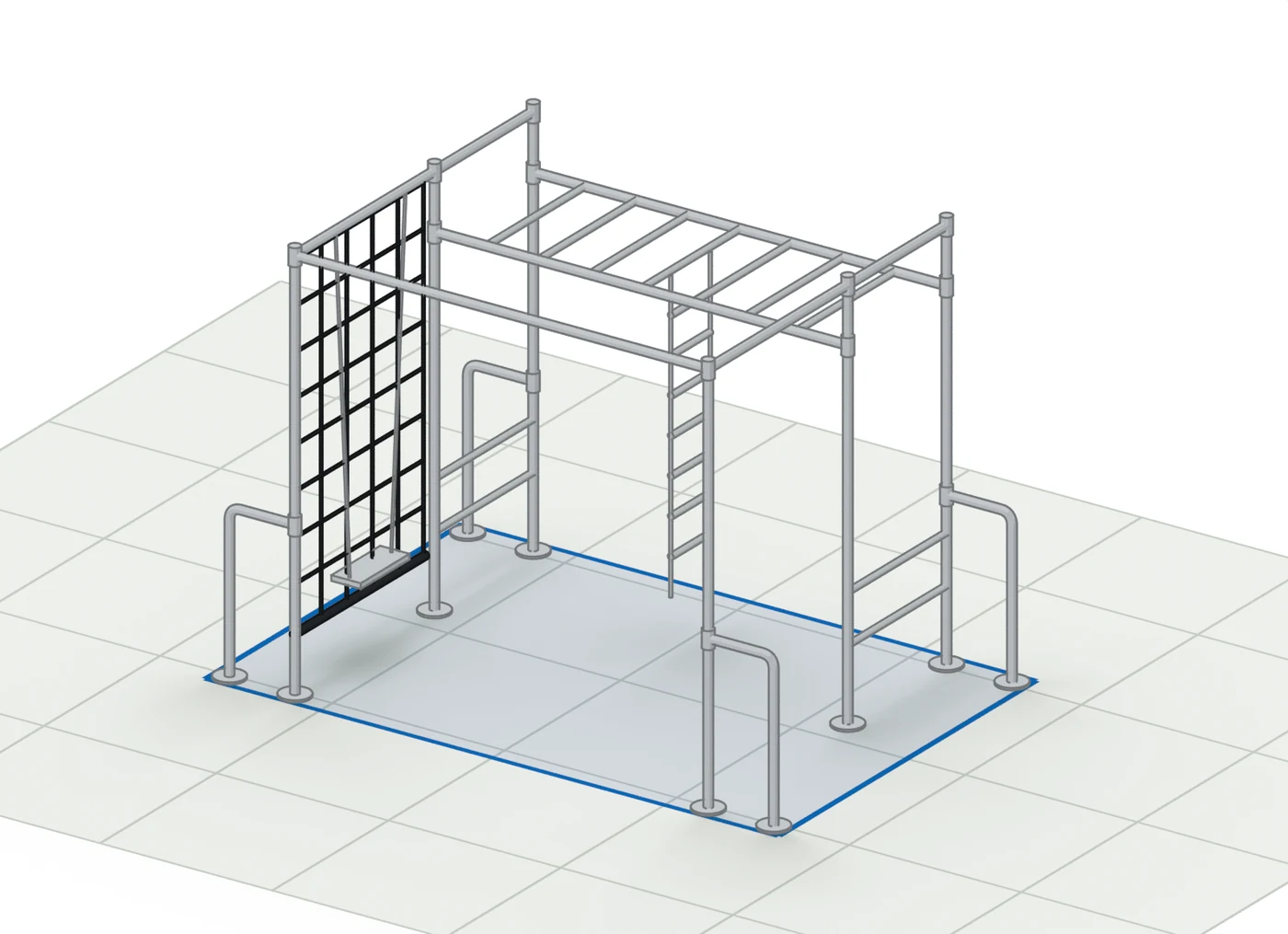 Mini Action mit dem Kletternetz 1,2 × 2 Meter an der Stirnseite; das Gerüst grau.