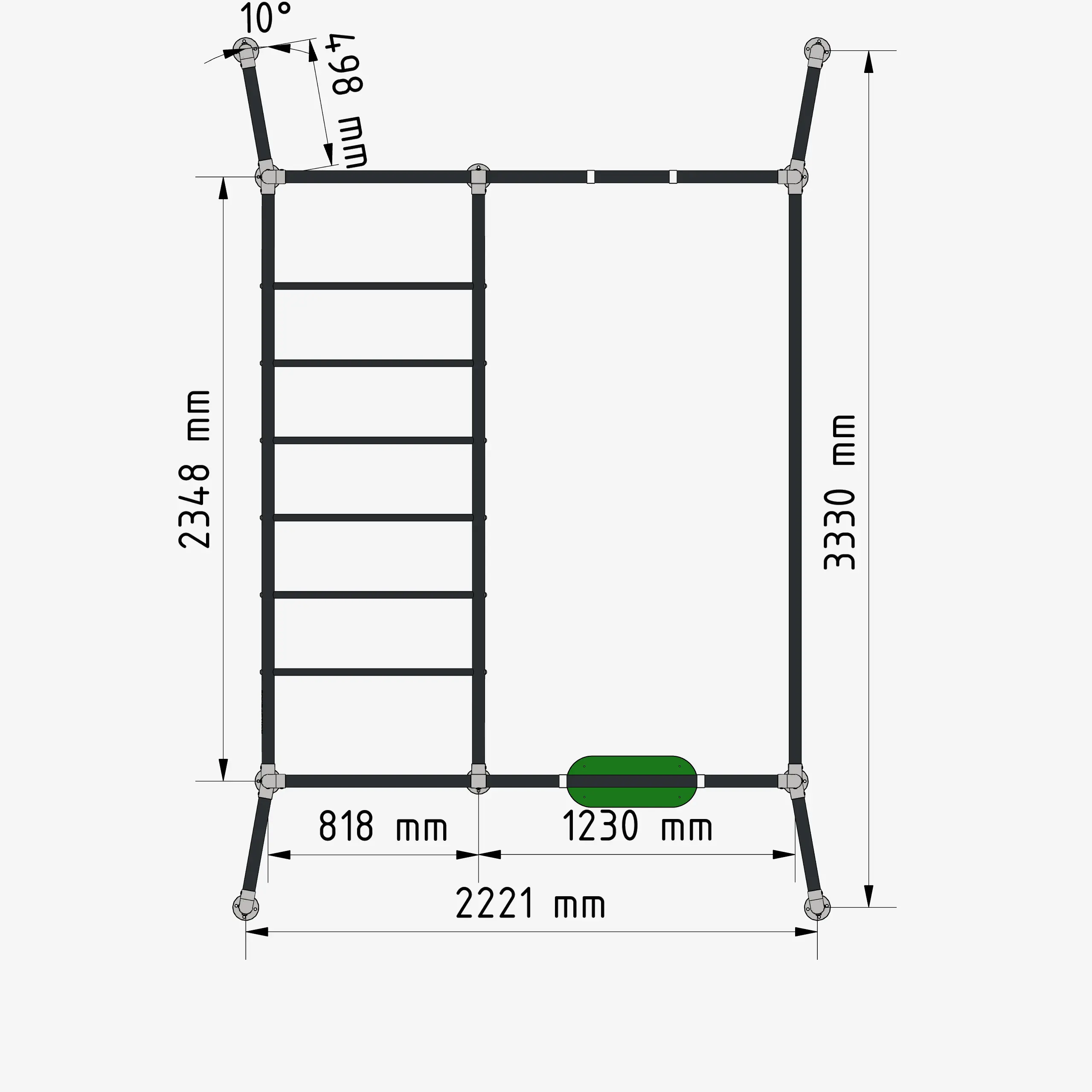 Grundriss Mini Action Klettergerüst von FOURACTION – Maße: 2221 mm x 3330 mm mit Leiter und Schaukel